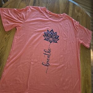 Coral T-Shirt with Lotus Design "Breath" text. XL
